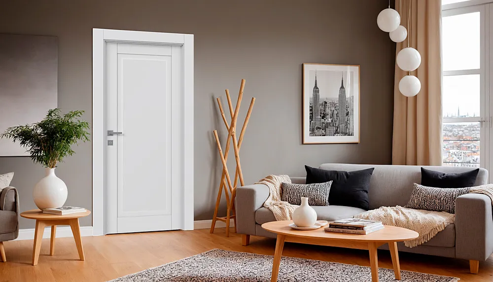 Weiße Innentür passend zur Einrichtung in einem modernen Wohnzimmer