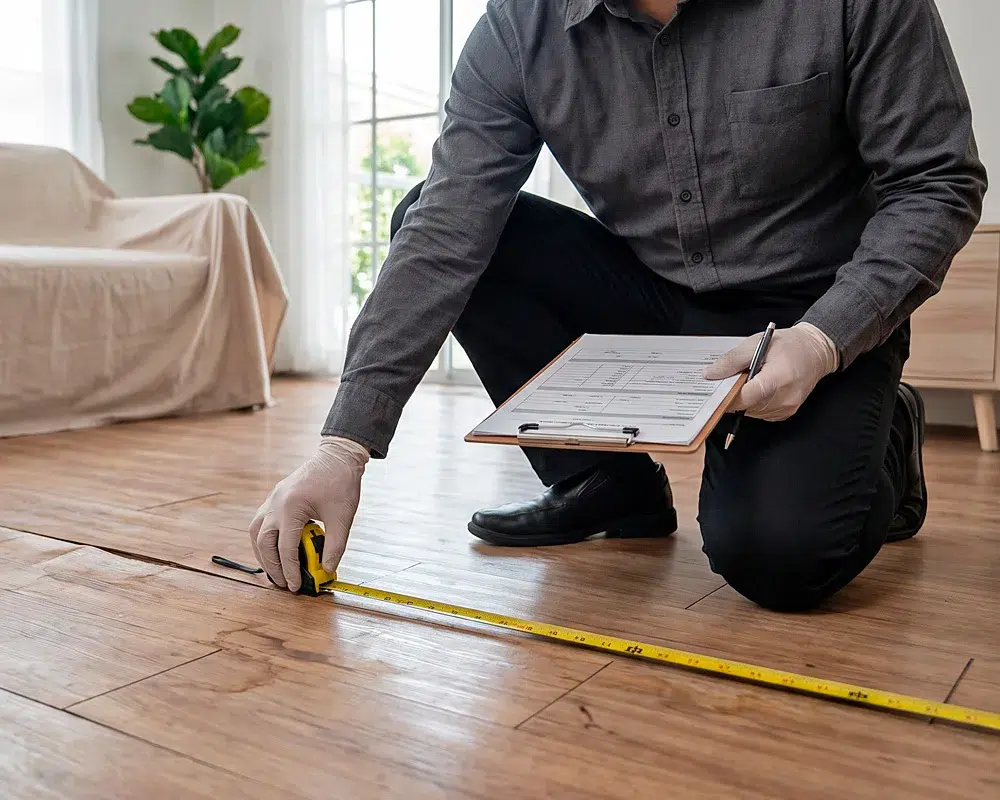 Handwerker misst den Raum mit Maßband für die Planung der Parkettverlegung